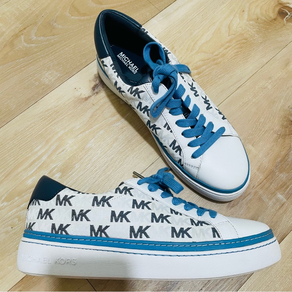 Michael Kors White and Teal Logo Sneakers